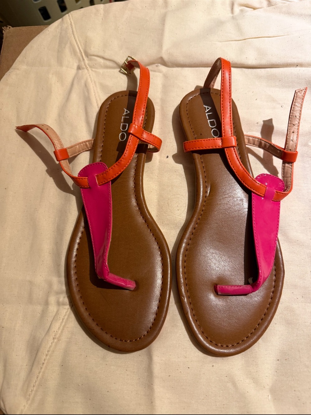 Aldo Pink and Orange T-Strap Leather Sandals NWOB